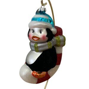 Christopher Radko Penguin Glass Christmas Ornament w Candy Cane Flocked Glitter